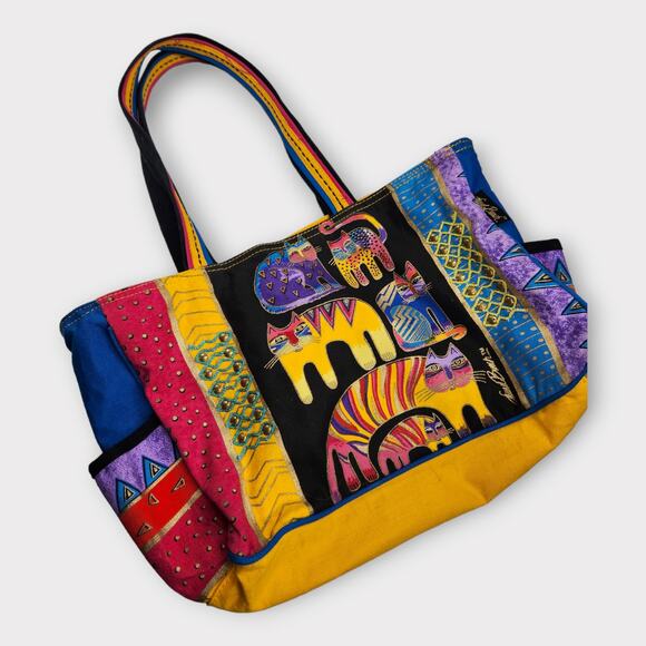 Laurel Birch Tote Bag Cat Colorful Zip Top Yellow Multicolor Handles Canvas - Picture 1 of 5